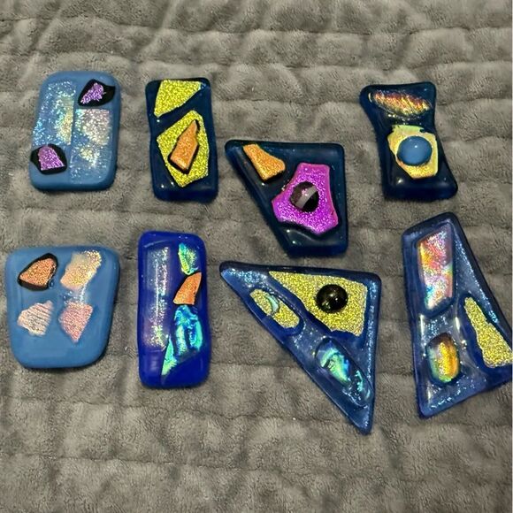 Set of 9 Blue Fused Dichroic Glass Cabochons –Iridescent Handmade Jewelry Pieces - Picture 14 of 16